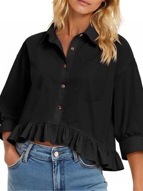Black Ruffle-Hem Button Front Blouse